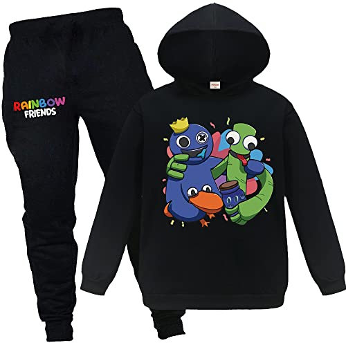 Forlcool Rainbow Printings Trainingsanzüge Kinder YouTube Game Merch Baumwolle Hoodie + Hose Bekleidungsset, Schwarz , 7-8 Years