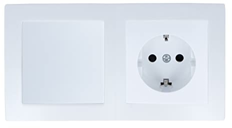 LINA Steckdose und Lichtschalter 2 Fach VDE für Unterputz Schuko weiß mit Kunststoffrahmen H1-C51GM-C210M-C002 Komplettset Wandlichtschalter Doppelrahmen UP Kippschalter VDE-zertifiziert
