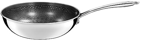 Cuisinox - Virtuo - Wok 24 cm - Fond triply revêtement nid d'abeille antiadhérent - Compatible tous feux dont induction - Acier inoxydable - Finition Satiné - Sans PFOA et PFAS - Made in France