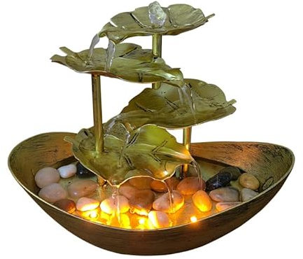 BBTISG Indoor Tabletop Water Fountain, Indoor Water Fountain with Lights 4-Tiers Lotus Leaf Small Waterfall Fountain 10 H Small Desk Fountain for Home Office Bedroom Decor (Gold)