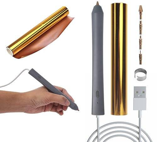 Joelver Maker Hot Foiling Pen with 4 Size Metal Tips &1pc Silver Heat Activated Foil Rolls,Hot Foil Quill Pen for Card Making Scrapbooking Tools, USB Powered DC5V Foil Quill Pen Starter Kits (Grey)