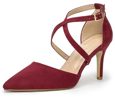 Hoefirm Womens Stiletto Pointed Toe Pumps Cross Strap Court Shoes High Heels Sexy Party Shoes Suede Red Size 9