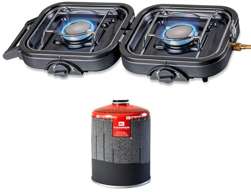 KEMPER - Réchaud gaz Pliable 2 Feux 4600 W Bruleurs INOX + Cartouche de gaz 7/16