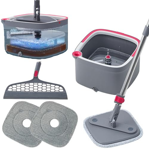 Fyrkantig snurrmopp och hink deluxe-set självvridande smart golvmopp med separata fack för rent och smutsigt vatten, 2 maskintvättbara moppkuddar, skrapa sopmaskin