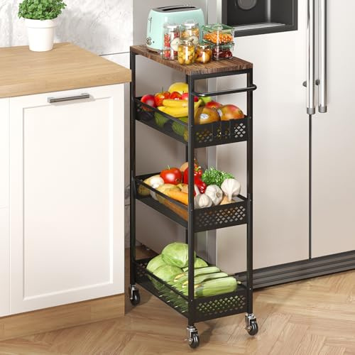 XYZLVSI Slim Storage Cart 4 Tier Fruit and Vegetable Baskets for Kitchen Small Space, Narrow Laundry Cart on Wheels with Wooden Top and Metal Handle for Pantry, Bathroom, Laundry Room