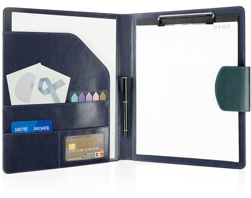 Agoer A4 Leather Conference Folder Faux Business Folder with Magnetic Closure Cover,Fold Over Business Portfolio Organizer with A4 Paper,Sticky Arrow Tabs,Pen for Conference Interview,Navy Blue