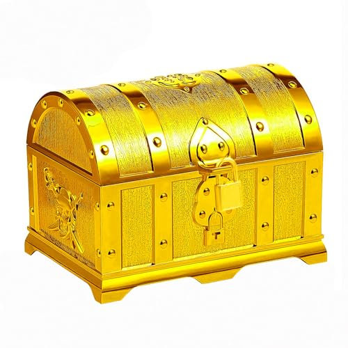 Plastic Pirate Treasure Box for Party Decorations, Gold Coins, Fake Money, Gemstones and Treasure Hunt, Mini Pirate Toys Chest, 14 * 10 * 10 cm, Gold