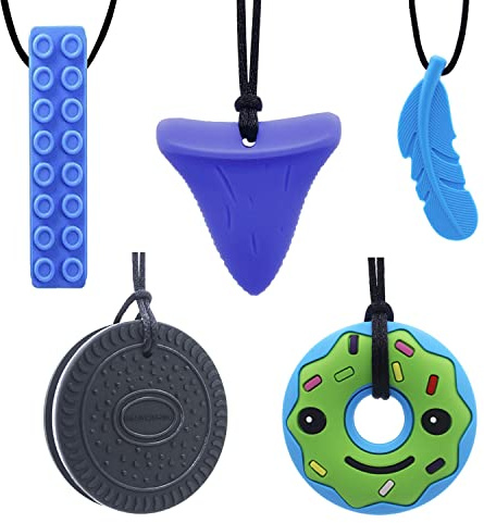 GNAWRISHING Chew Necklaces for Sensory Kids 5 Pcs Blue Sensory Chewy Toys for Autism Girls and Boys, ADHD Toddler, Adult
