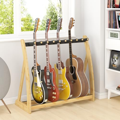 Adjustable Multi Guitar Stand Rack - Bamboo Guitar Case Stands Floor 1-9 Guitar Holder for Multiple Guitars Acoustic Electric Guitar & Bass Guitar Bag Padded Guitar Display for Band Home Stage Studio