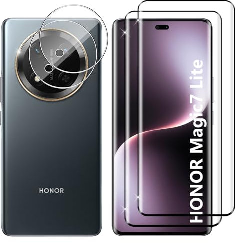 Lutree para Honor Magic 7 Lite 5G Cristal Templado, 2+2 Piezas 3D Protector de Pantalla + Protector de Lente de Cámara, Dureza 9H HD Vidrio Templado Película Protectora