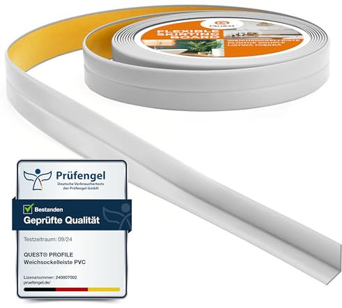 Quest Plinthe Souple Adhésive - 10 mm x 10 mm - 5 mètres - Moulure de finition pour cuisine salle de bain - Ruban d'étanchéité PVC - Flexible Etanche (Gris clair, 5 mètres)