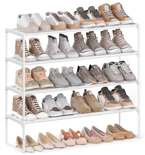 SONGMICS Étagère à Chaussures 4 Niveaux, Porte-Chaussures en Métal, à l’Endroit ou à l’Envers, pour 20-25 Paires, Empilable, pour Couloir, 30 x 92 x 74 cm, Blanc Perle LSA014WK01
