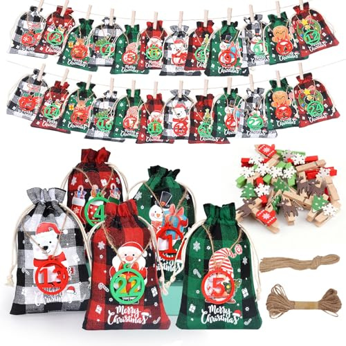 Velicber 24 Calendrier de l'Avent à Remplir Soit Même 15x9.5cm Sac pour Calendrier de l'Avent Vide à Remplir Pochette Calendrier de l'avent 2025 Sachets en Tissu avec 24 Pinces et à Chiffres 1-24