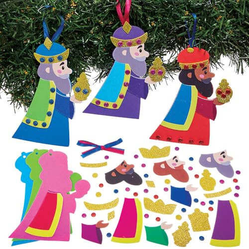 Baker Ross FN618 Kits de décoration assortis trois rois mages – Lot de 6, kits de bricolage de Noël chrétiens pour enfants pour créer des décorations de la Nativité
