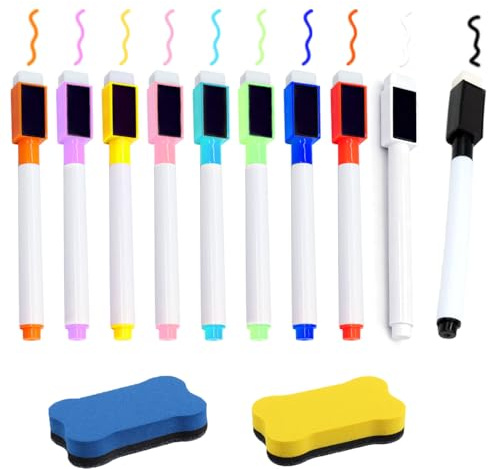 muahmuah Pennarello per lavagna bianca, 10 colori, con spugna, magnetico, punta fine, cancellabile, per casa, scuola, ufficio