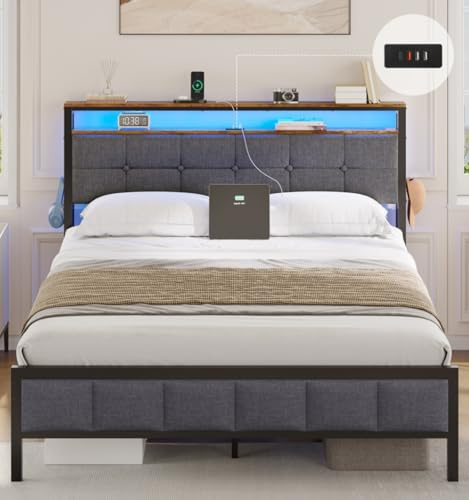 AOGLLATI Lit 160x200 avec Sommier Métal, Lit Double avec Éclairage LED, 4 Ports USB, 2 Étagères Ouvertes, 2 Crochets, 31 cm d’Espace sous Sommier 160x200