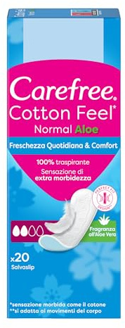 Carefree Salvaslip Cotton Feel Normal Fragranza all'Aloe Vera 20 Pezzi, Salva slip donna traspiranti, Proteggi slip che si adattano al corpo, Extra morbidezza, Delicati sulla pelle