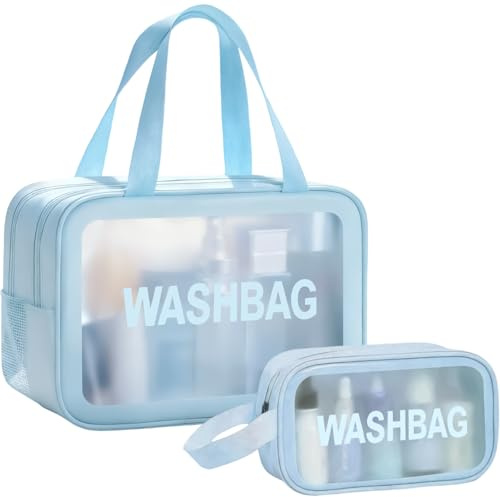 2 PCS Clear Toiletry Bag, Wet Dry Separation Wash Bag, Clear Ttravel Toiletries Bag, Waterproof Large Capacity Shower Bag, PU Makeup Bag with Handles for Women Girls