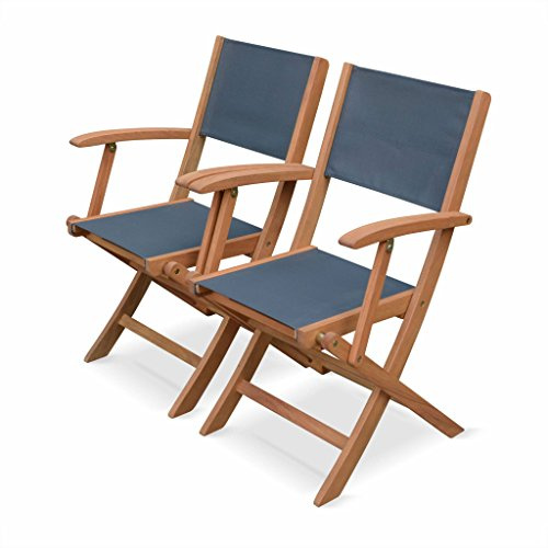 Alice's Garden - Fauteuils de Jardin en Bois et textilène - Almeria Gris Anthracite - 2 fauteuils pliants en Bois d'Eucalyptus huilé et textilène