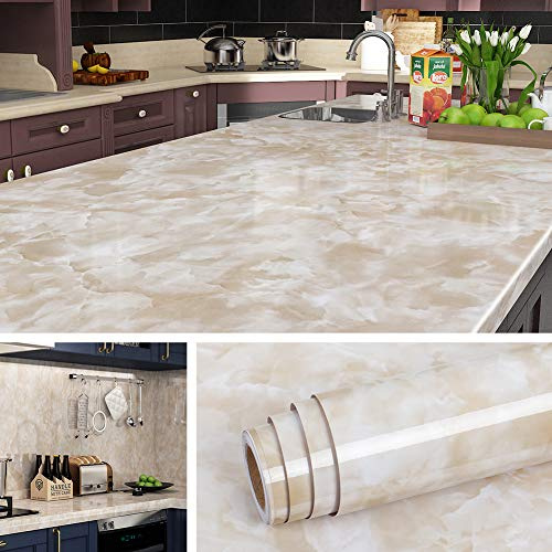 Livelynine 5M X 90 CM Grandes Papel Vinilo Adhesivo Cocina Muebles Marmol Vinilos Para Mesas Redondas de Cocinas Vinilos Mesa Escritorio Vinilo Encimera Cocina Laminada Papel Pintado Marmol Beige