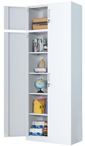 iJINGUR Metal Storage Cupboard with Locking Doors and 4 Adjustable Shelves, Extra Tall Lockable Steel Storage Cabinets for Home Office Garage Kitchen Pantry (White)
