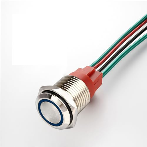 GUUZI 220V/15A Pulsante Momentaneo NO Impermeabile Luce LED Blu Illuminato 19mm Pulsante di Avvio in Metallo con Presa Cavo