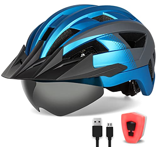 FUNWICT Fahrradhelm mit Visier für Herren Damen, Leichte Fahrradhelm mit Magnetischem Brille und USB-Aufladung LED Licht, Stylisch Mountainbike Helm (L: 57-61 cm, Blau Grau)