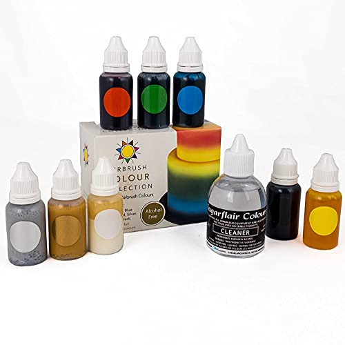 AOS Set | Sugarflair Set Airbrush Farben Alkoholfrei 8x 14ml + Reiniger 1x 60ml | Hochkonzentriert für Backen Kuchen Torten Fondant Macronen u.m. | Lebensmittelfarbe Set Food Coloring