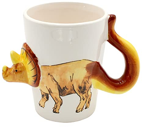 Dekohelden24 Kaffeebecher Kaffeetasse mit Dino aus Keramik - Motiv: Triceratops - Größe: ca. H/Ø: 11 x 7 cm/Fassungsvermögen: ca. 300ml