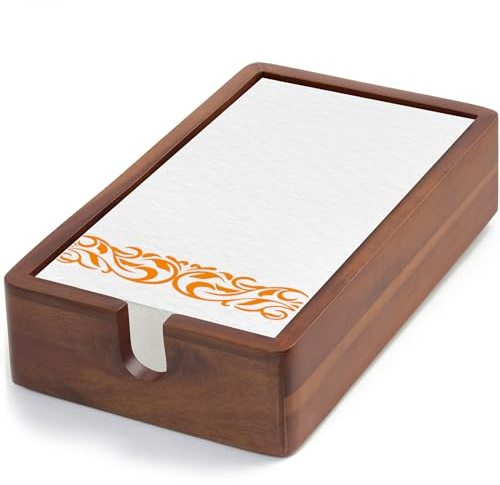Acacia Guest Towel Napkin Holder 10x6, Paper Hand Towels Tray Holds Paper & Cloth Linen Napkin on Table, Kitchen Counter, Bathroom - Durable, Natural, Dark Stained Organizer for Party, Wedding, Event