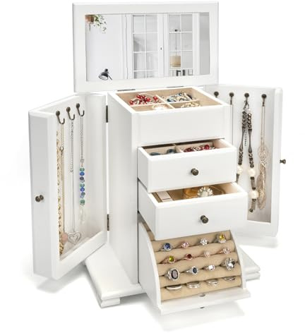Emfogoo Jewellery Box for Women Girls, Rustic Wooden Large Jewelry Boxes & Organisers with Mirror, 4 Layer Jewellery Organiser Box for Rings Earrings Necklaces Bracelets(White)