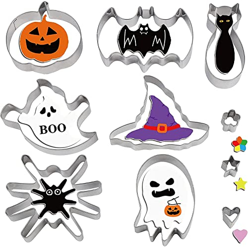 DERAYEE Formine Biscotti Halloween,10 Pezzi Stampi Biscotti Halloween,Formine per Biscotti in Acciaio Inox- Zucca,Pipistrello,Fantasma,Cappello da Strega