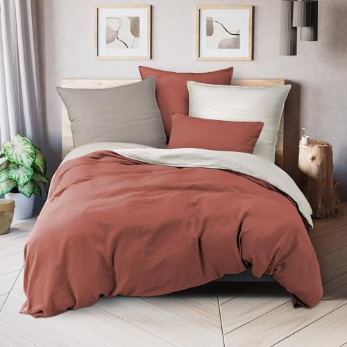 Pure Label Halbleinen Bettwäsche 135x200 cm mit Kissenbezug 40x80 cm in braun - Bügelfreie Bettwäsche Sets 135 x 200 aus belgischem Leinen und feinster Baumwolle