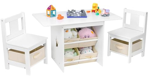 Vilaxing Kids Table and Chair Set (2 Chairs Included), Wooden Toddler Table and Chairs Set with 6 Storage Bins Boxes, Children's Furniture, Water Resistant, Easy to Clean, Gift for Boy & Girl, White