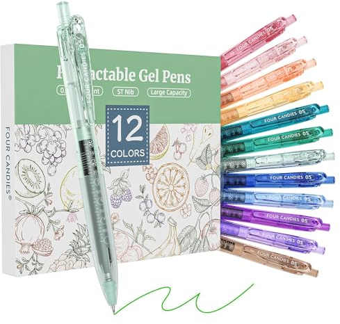 Four Candies 12er-Pack 0,5 mm schnell trocknendes, einziehbares Gelschreiber, niedliche, transparente, mehrfarbige Stifte mit feiner Spitze, komfortabler Griff, 12 Tintenfarben, Zeichnen Schule