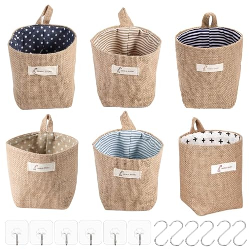 XMSZQU 6 Pezzi Cestini Portaoggett, in Cotone e Lino, Pieghevoli, con Manico e Gancio, Sospeso Tasche Portaoggetti da Parete, Cestino da Appendere per Trucchi, Chiavi e Piccoli Oggetti
