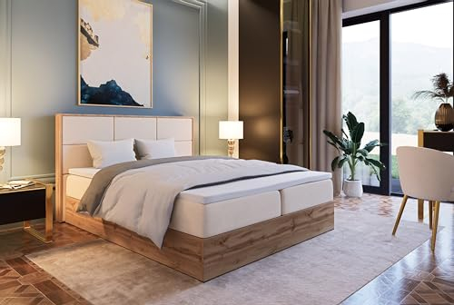 Marlux-Meble Boxspringbett 180x200 mit Matratze und Bettgestell - Polsterbett 180x200 mit Bett Kopfteil Matratzen Topper und Bettkasten (Leoni II, Beige)