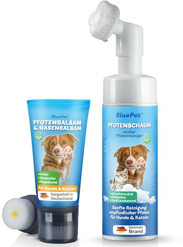 BluePet Pfotenreiniger + Schnelleinziehender Pfotenbalsam Hund & Katze, Gegen Trockene, Rissige Pfoten, Nasen I Hunde Pfotencreme 50 ml - Heilt, Regeneriert I Pfotenpflege Hund