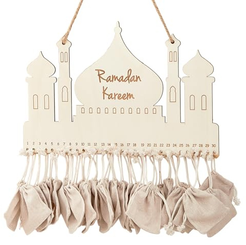 Calendrier Ramadan 2026 en Bois, Ramadan Decoration avec 30 Sac en Tissu, Ramadan Mubarak Decoration, Calendrier Ramadan Suspendre, Eid Décoration Calendrier de L'avent de Mural Deco de Porte Enfant
