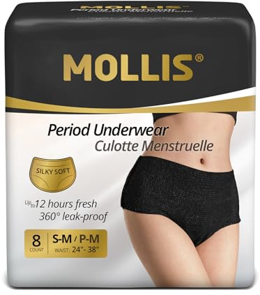 MOLLIS Disposable Period Pants for Women Heavy Flow, Maternity Pads & Postpartum Underwear, Incontinence Knickers Leak Proof, Black, Small/Medium, 8 Count