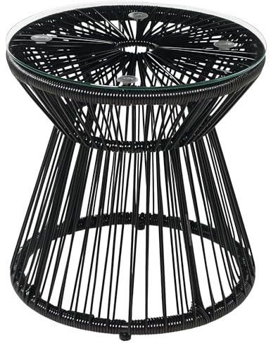 Outsunny Mesa de Jardín de Ratán Sintético Mesa de Centro Redonda con Tablero de Vidrio Templado y Marco de Metal Carga 30 kg para Patio Jardín Balcón Ø40x42 cm Negro