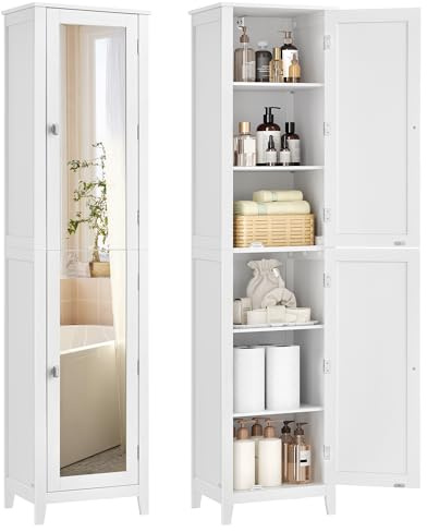 VASAGLE Armario Alto de Baño con Espejo de Cuerpo Completo, Mueble de Baño con Estantes Ajustables, 30 x 40 x 160 cm, para Espacio Pequeño, Salón, Pasillo, Blanco Nube BBC764WH01