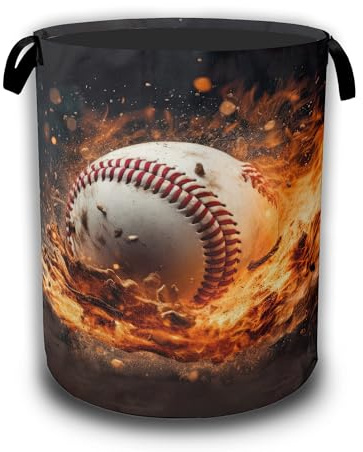 Sport Baseball Ball In Fire Laundry Hamper, Collapsible Laundry Baskets Waterproof Oxford Cloth With Handles,Clothes Storage Bucket Toy Organizer For Bathroom/Nursery/Bedroom 16 x 20.8