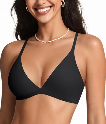 OEAK Womens Comfortable Triangle Bras No Underwire Sexy Plunge Unlined Bralette Pull On Bra Seamless Everyday Tshirt Bras M Black