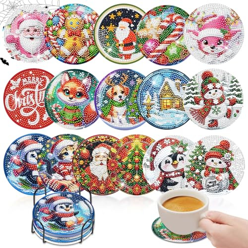 16 Piezas Diamond Painting Portavasos Navidad con Soporte,Navidad Pintura de Diamantes,Posavasos de Arte de Diamantes Antideslizantes Vasos Decoración Navideña para Tazas,Regalo