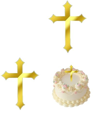 Lot de 2 décorations de gâteau en forme de croix dorée - En acrylique - Personnalisable - Pour fille et garçon - Décoration de gâteau de communion - Pour anniversaire, fête, baptême, Noël, mariage