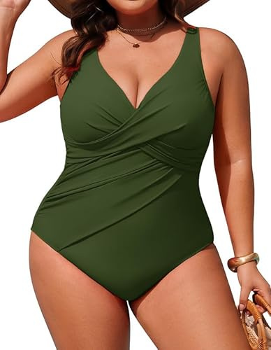 Hanna Nikole Maillot de bain une pièce pour femme, grande taille, contrôle du ventre, maillot de bain en forme de monokinis croix, maillot de bain doux, vêtements de plage, vert militaire, 48 Grande