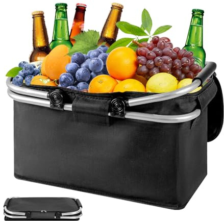 WDKXCN Shoppingkorg vikbar, kylkorg med lock, 20 l termokorg shopping med vikbar ram av aluminiumlegering och handtag, picknickkorg med dragkedja, kylväska vikbar för shopping, camping