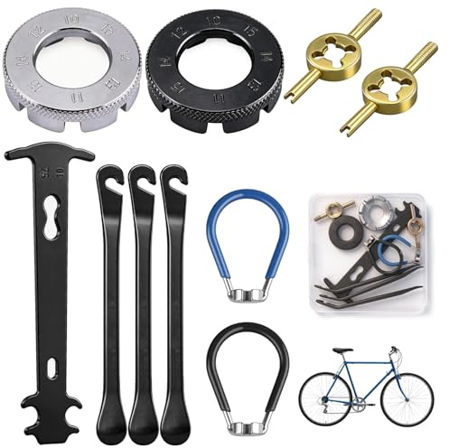 TAIXING Juego de 10 llaves para radios de bicicleta, de 2 tensores de radios de bicicleta de tamaños 10 – 15 y 3 palancas de neumáticos, reparación de radios de bicicleta y neumáticos