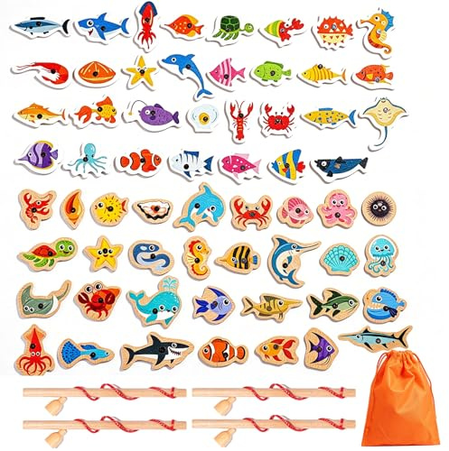 yolzhxe 67 Piezas Juguete Pescar Peces Magnetico de Madera, Juego Pesca Magnetico con 62 Peces, 4 Cañas de Pescar y 1 Bolsa Almacenamiento, Plástico Juguetes BañoPesca para Niños a Partir de 2 Años